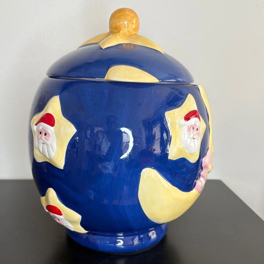 Round Santa Moon Star Blue Ceramic Cookie Jar Whimsical Christmas‎ Holidays